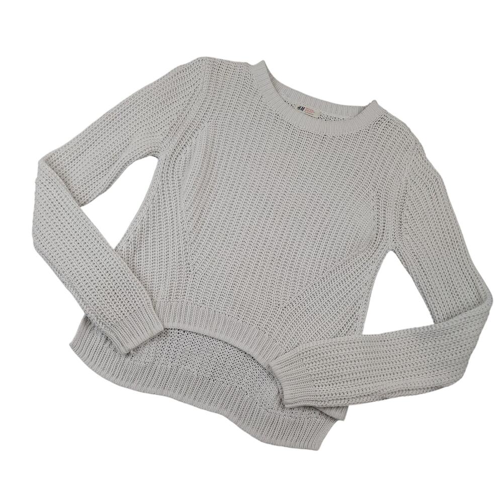 H&M Womens Pointelle Knit Pullover Sweater Sz 14Y Cropped Curved Hem Boho Gray